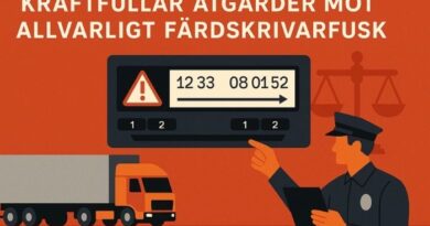 Illustration av lastbil, digital färdskrivare och polis som gör kontroll. Texten 'Kraftfullare åtgärder mot allvarligt färdskrivarfusk' visas överst.