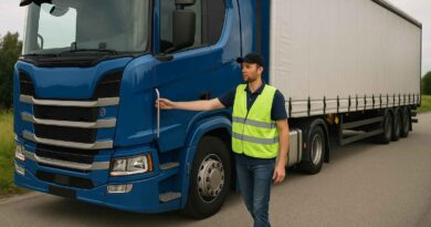 CE-chaufför vid tung lastbil med släp – symbol för yrkeskompetens och tunga transporter.