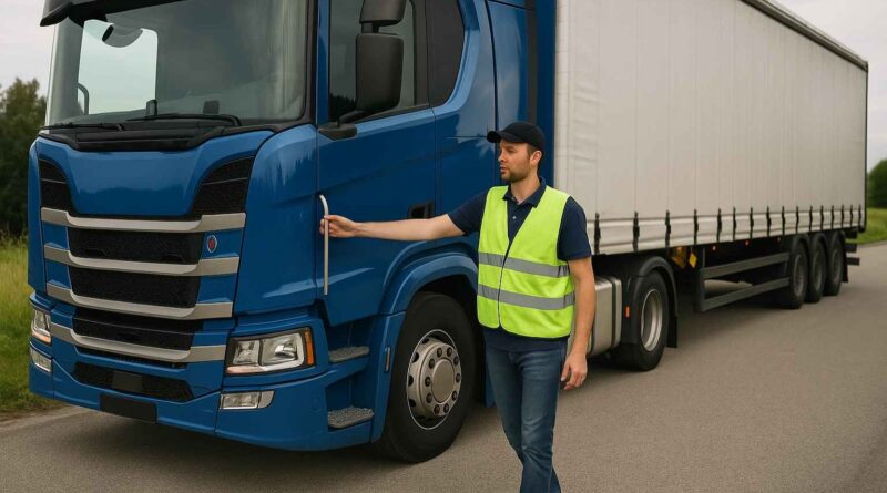 CE-chaufför vid tung lastbil med släp – symbol för yrkeskompetens och tunga transporter.