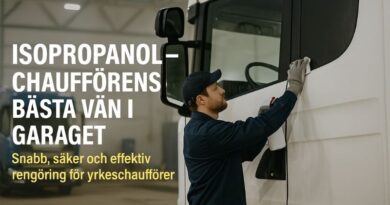 Chaufför rengör lastbilens spegel med isopropanol i verkstad, ljus miljö med lastbil i bakgrunden.