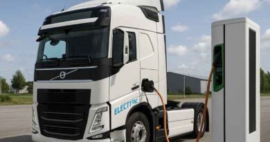 El-lastbil som laddas vid station – symbol för elektrifieringen av Sveriges transporter.
