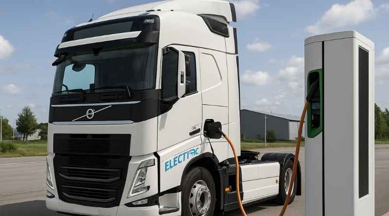 El-lastbil som laddas vid station – symbol för elektrifieringen av Sveriges transporter.