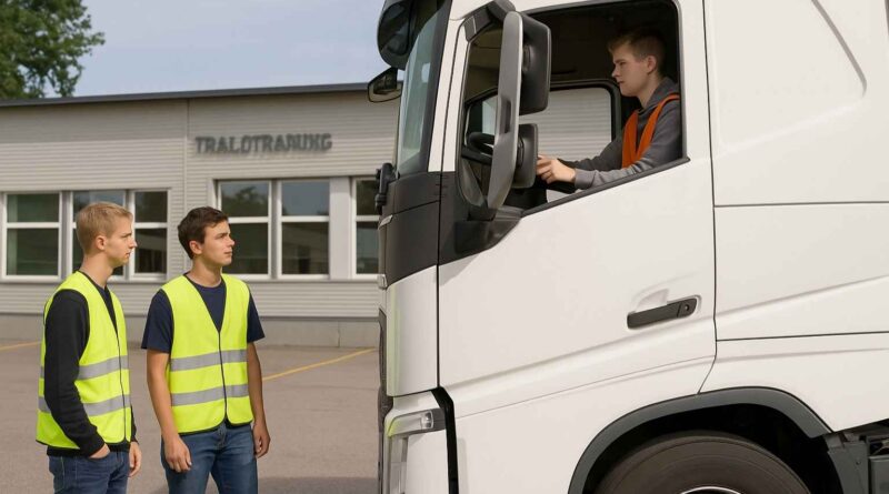 Elever på transportutbildning kör lastbil i praktisk övning – symbol för regeringens satsning på yrkesvux.