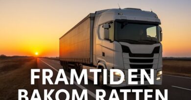 Svensk lastbilschaufför som kör på landsväg i solnedgång