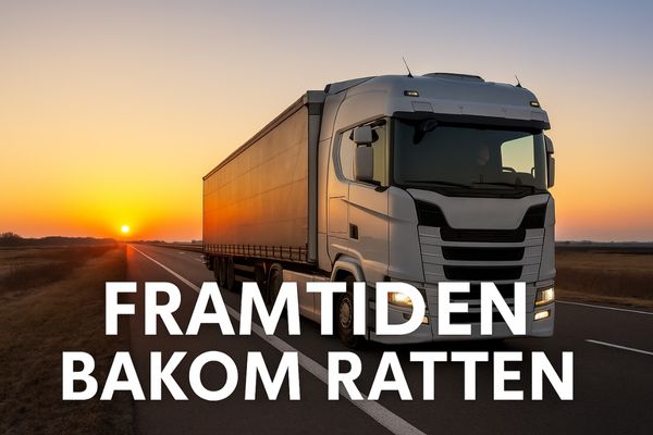 Svensk lastbilschaufför som kör på landsväg i solnedgång