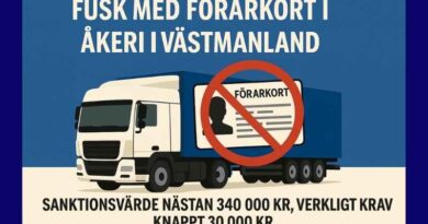 Fusk med förarkort i åkeri i Västmanland – lastbil med förbjudet förarkort och text om sanktionsvärde