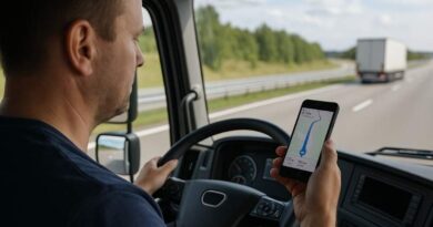 Lastbilschaufför använder mobilapp för ruttplanering i lastbilshytt.