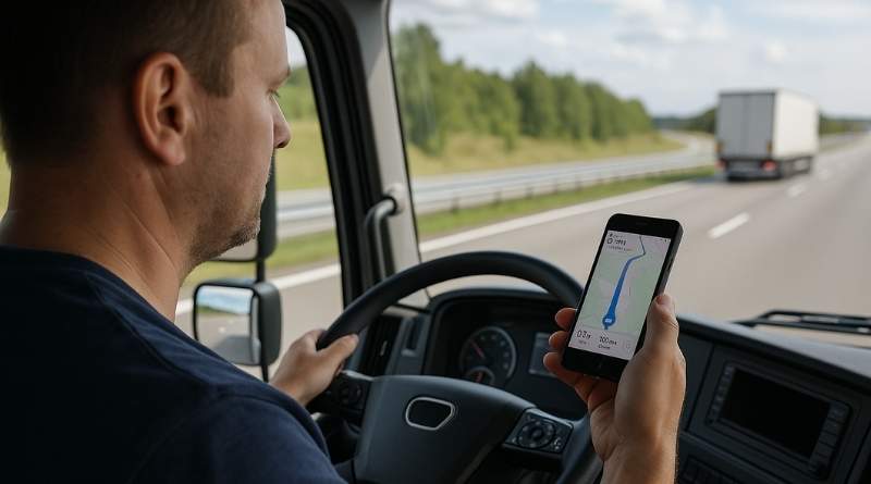Lastbilschaufför använder mobilapp för ruttplanering i lastbilshytt.