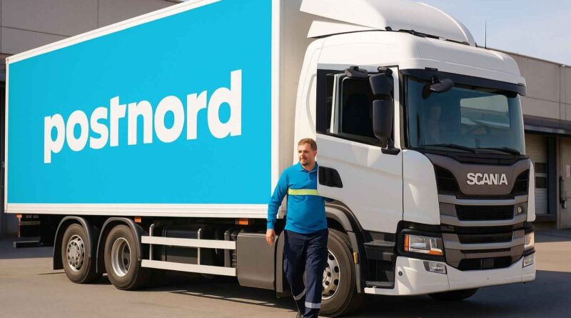 PostNord-chaufför vid lastbil – symbol för stabilt arbete och konkurrenskraftig lön i transportsektorn.