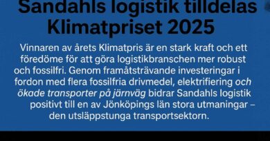 Sandahls logistik som vinnare av Klimatpriset 2025, med blå bakgrund och klimatmotivering.