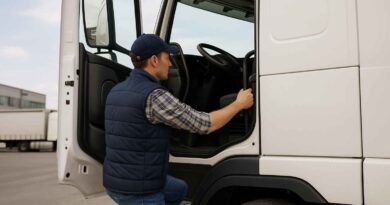Svensk chaufför vid sin lastbil – symbol för yrkesskicklighet och ansvar i transportsektorn.