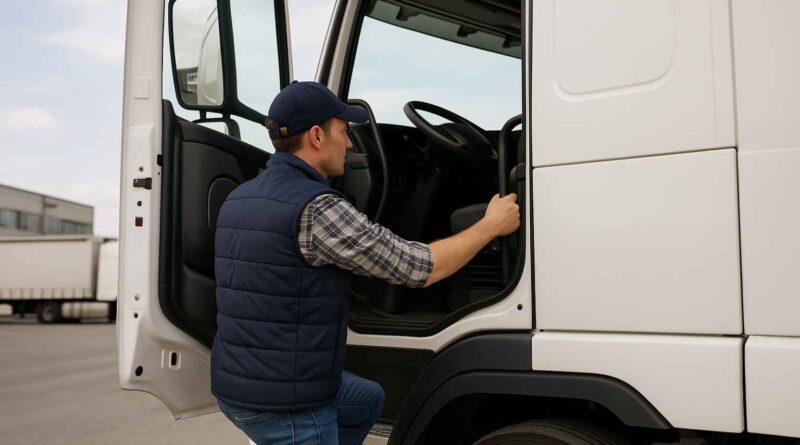 Svensk chaufför vid sin lastbil – symbol för yrkesskicklighet och ansvar i transportsektorn.