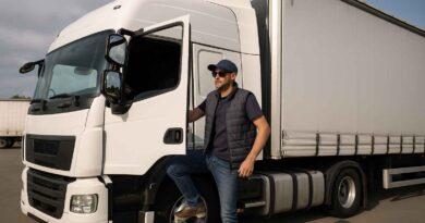 Svensk lastbilschaufför vid sin lastbil – symbol för yrket och löneutvecklingen i transportsektorn.