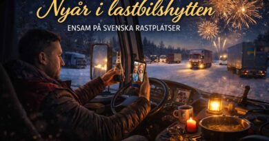 Utländsk lastbilschaufför firar nyår ensam i lastbilshytt på svensk rastplats.