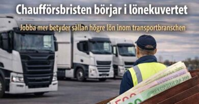 Lastbilschaufför framför flera lastbilar med fokus på lönefrågan inom transportbranschen