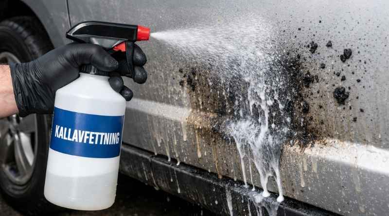 Applicering av kallavfettning på lastbil för att ta bort asfalt, olja och smuts
