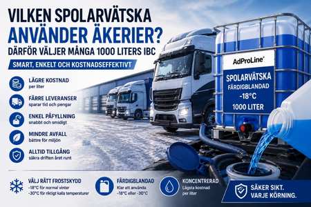 Vilken spolarvätska använder åkerier? Lastbilar och AdProLine® spolarvätska färdigblandad -18°C i 1000 liters IBC för professionell användning.